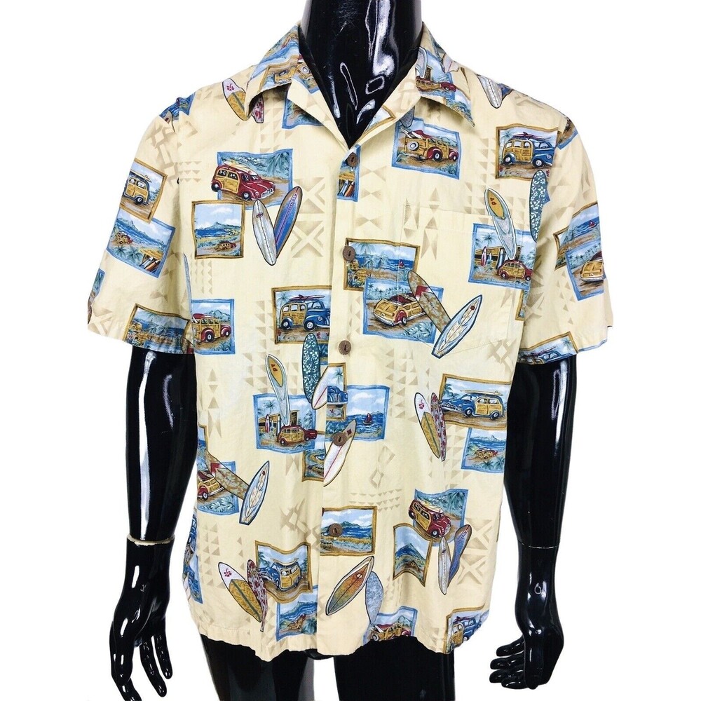 Vintage 80s Howie Hawaiian Button-Down Woody Cars Surfboards Travel Shirt XL